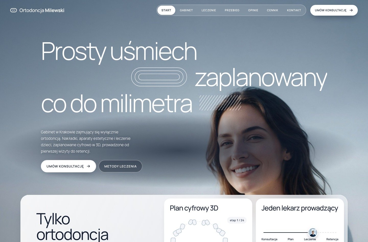 Nowa strona Ortodoncji Milewski: hasło „Prosty uśmiech zaplanowany co do milimetra” i przycisk umówienia konsultacji